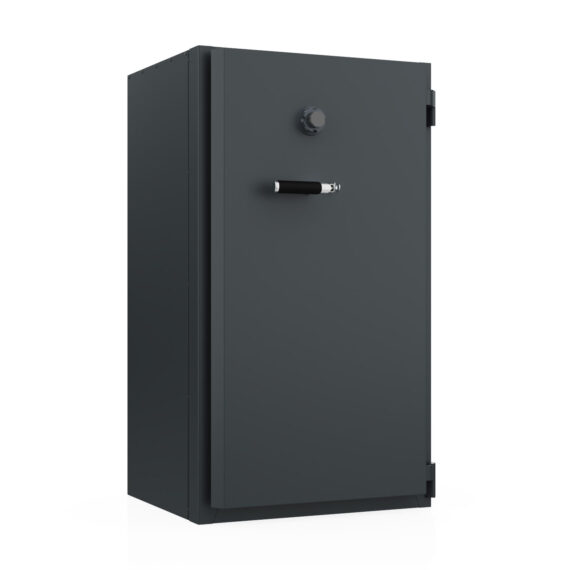 Helios 240L fire and burglary resistant safe closed three-quarter view, equipped with a Mc4 mechanical combination lock