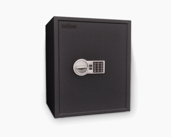 Newton S1 80L burglary resistant safe closed three-quarter view, equipped with an electronic lock