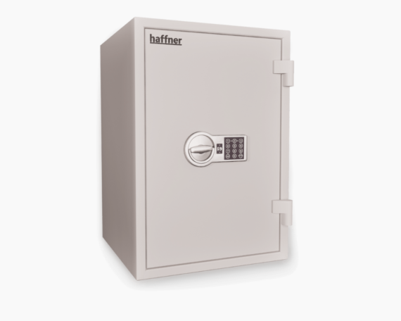 Newton S2 55L fire and burglary resistant safe closed three-quarter view, equipped with an electronic lock